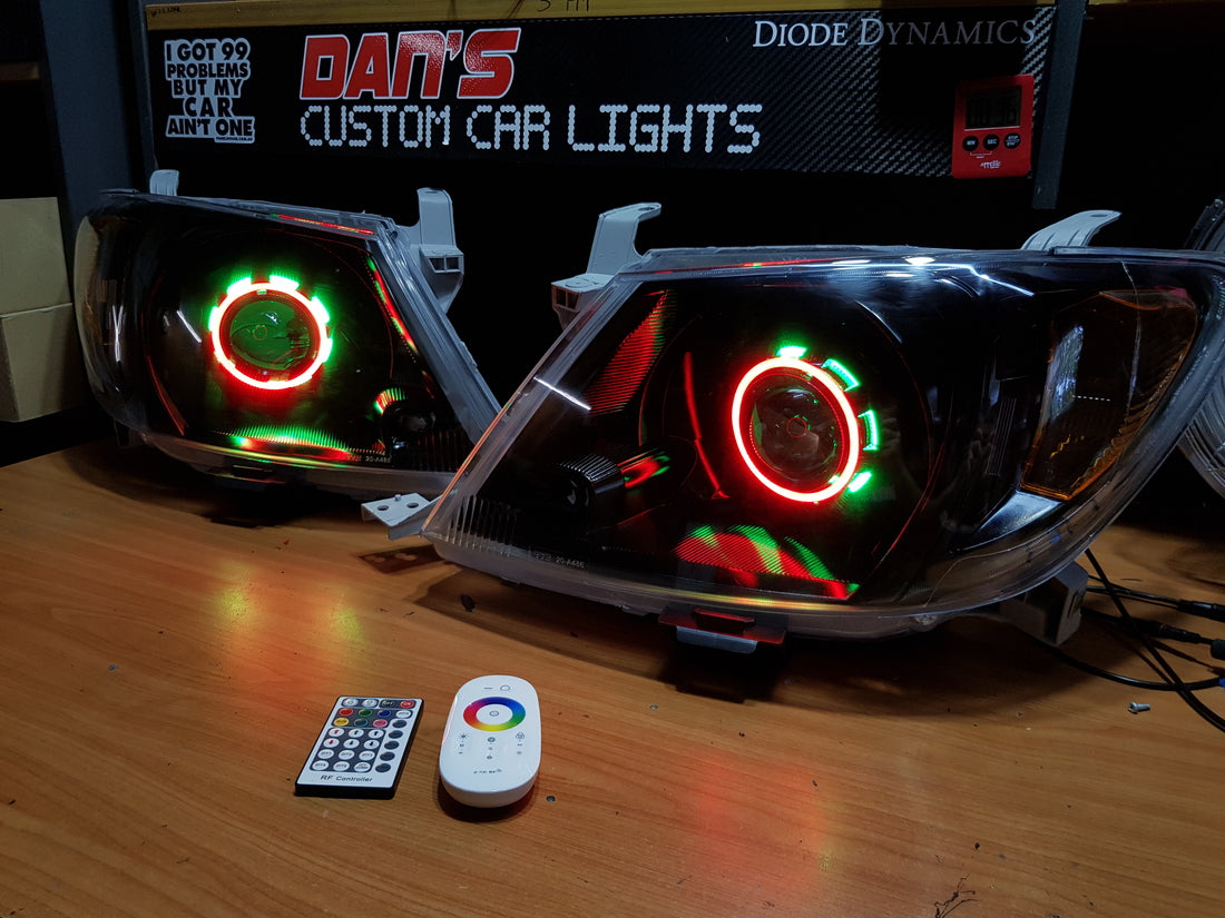 Toyota Hilux 2005 -2015 with Projectors and Dual Multicoloured Halo Rings - Dan's Custom Car Lights