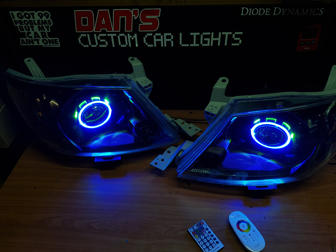 Toyota Hilux 2005 -2015 with Projectors and Dual Multicoloured Halo Rings - Dan's Custom Car Lights
