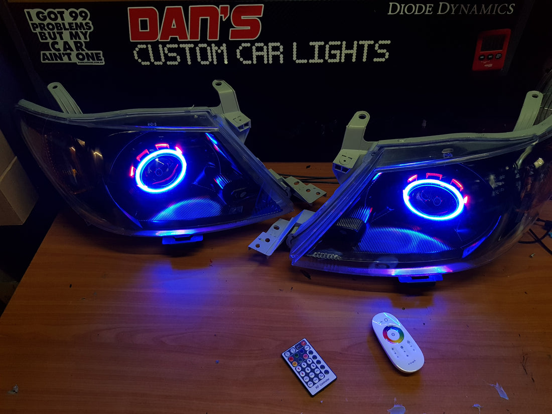 Toyota Hilux 2005 -2015 with Projectors and Dual Multicoloured Halo Rings - Dan's Custom Car Lights