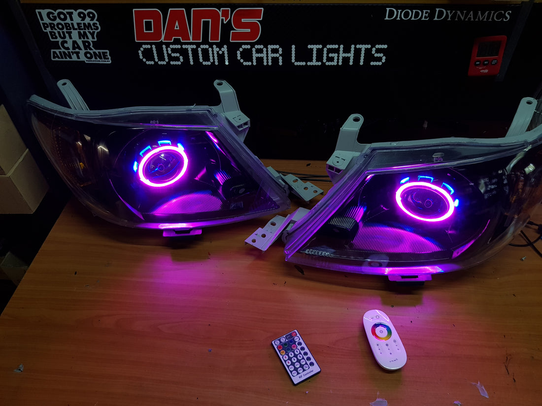 Toyota Hilux 2005 -2015 with Projectors and Dual Multicoloured Halo Rings - Dan's Custom Car Lights