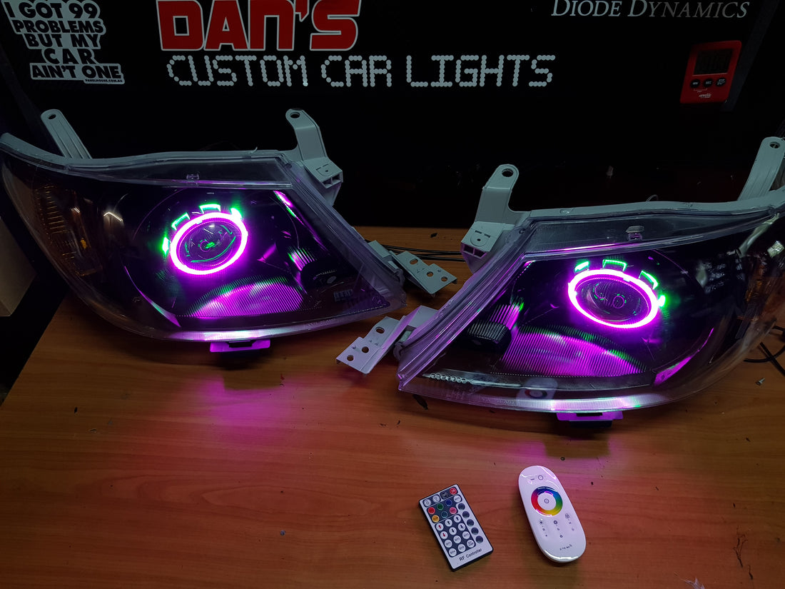 Toyota Hilux 2005 -2015 with Projectors and Dual Multicoloured Halo Rings - Dan's Custom Car Lights