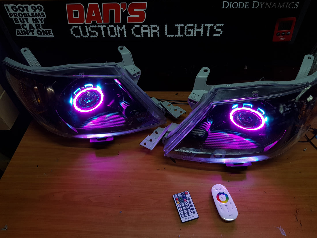 Toyota Hilux 2005 -2015 with Projectors and Dual Multicoloured Halo Rings - Dan's Custom Car Lights