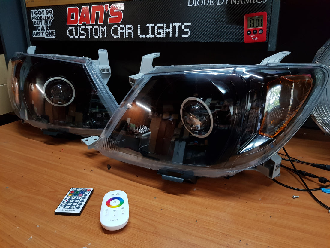 Toyota Hilux 2005 -2015 with Projectors and Dual Multicoloured Halo Rings - Dan's Custom Car Lights
