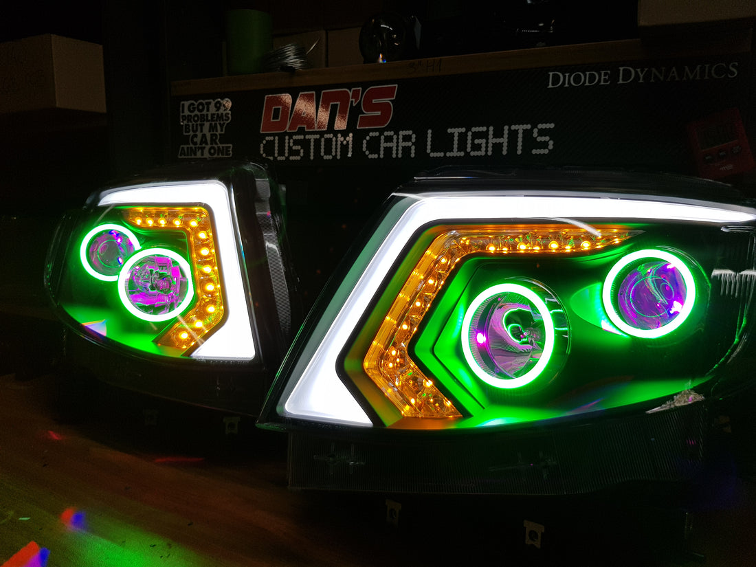 Ford Ranger PX1 DRL Style Headlights w/ Quad Halo rings & Quad Demon Eyes - Dan's Custom Car Lights