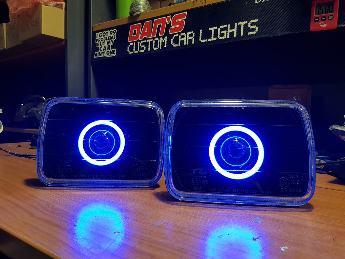 Universal 5x7" Rectangle Headlights Fitted with Bi Projectors, Multiciolored Halo Rings & Full blacking out - Dan's Custom Car Lights