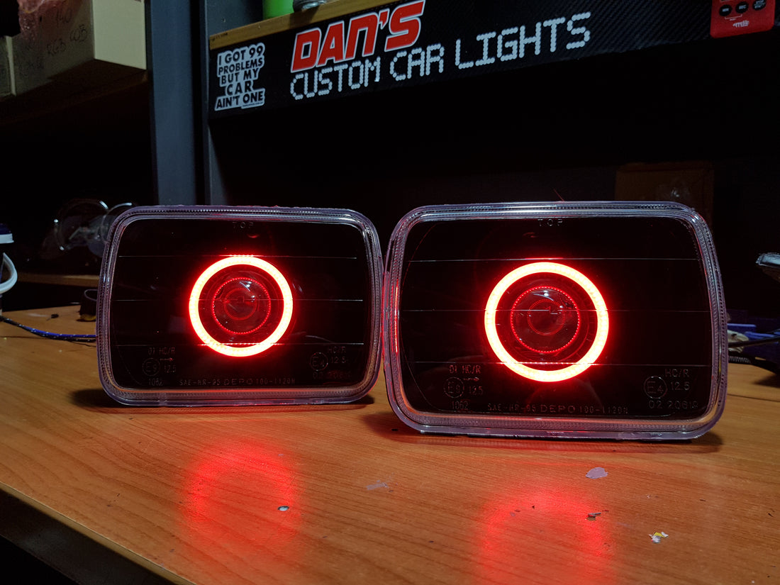 Universal 5x7" Rectangle Headlights Fitted with Bi Projectors, Multiciolored Halo Rings & Full blacking out - Dan's Custom Car Lights
