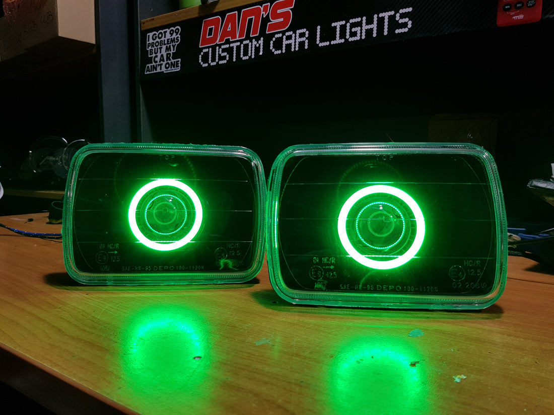 Universal 5x7" Rectangle Headlights Fitted with Bi Projectors, Multiciolored Halo Rings & Full blacking out - Dan's Custom Car Lights
