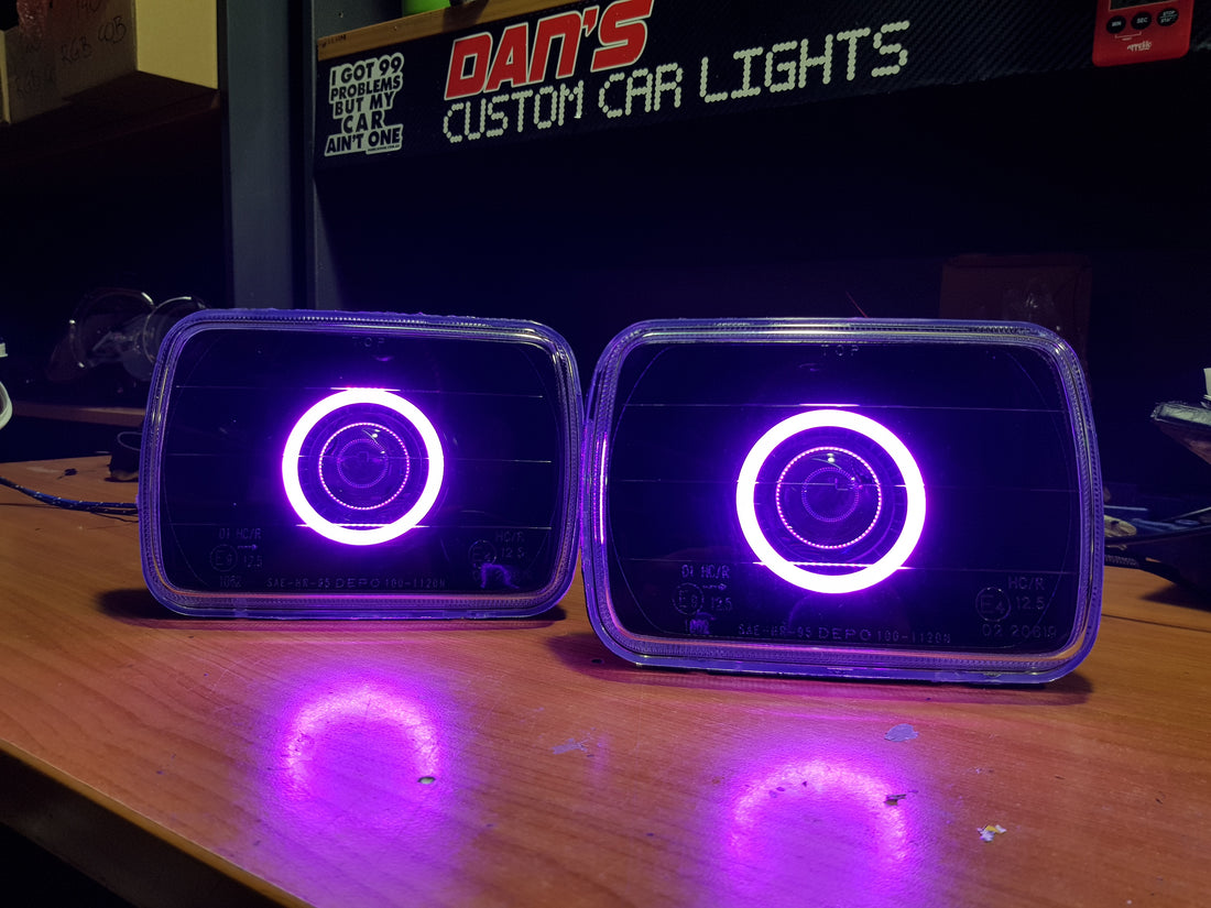 Universal 5x7" Rectangle Headlights Fitted with Bi Projectors, Multiciolored Halo Rings & Full blacking out - Dan's Custom Car Lights