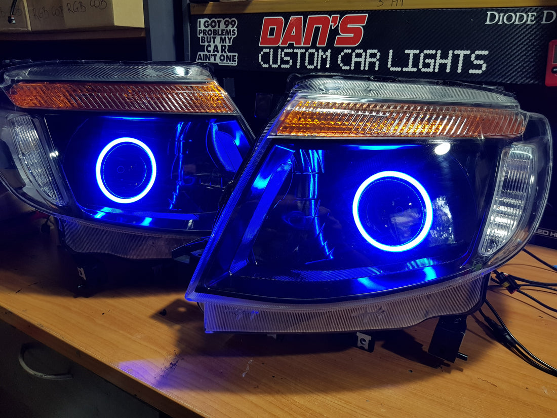 Ford Ranger PX1 Headlights with LED Projector and RGB Halo Rings - Dan's Custom Car Lights