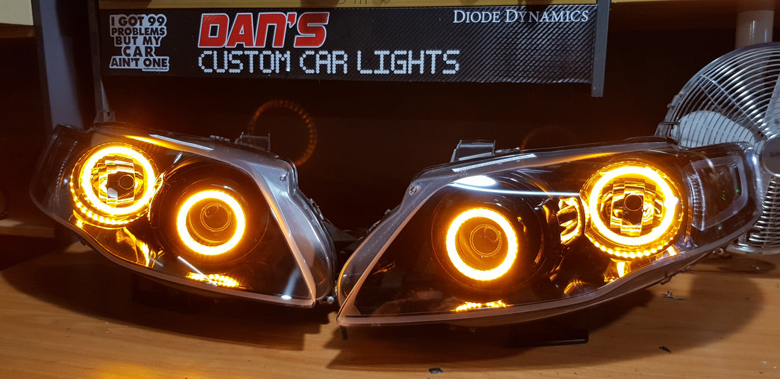 Ford Falcon FG G6 G6E XT MK1/MK2 Headlights with Switchback Halo Rings - Dan's Custom Car Lights