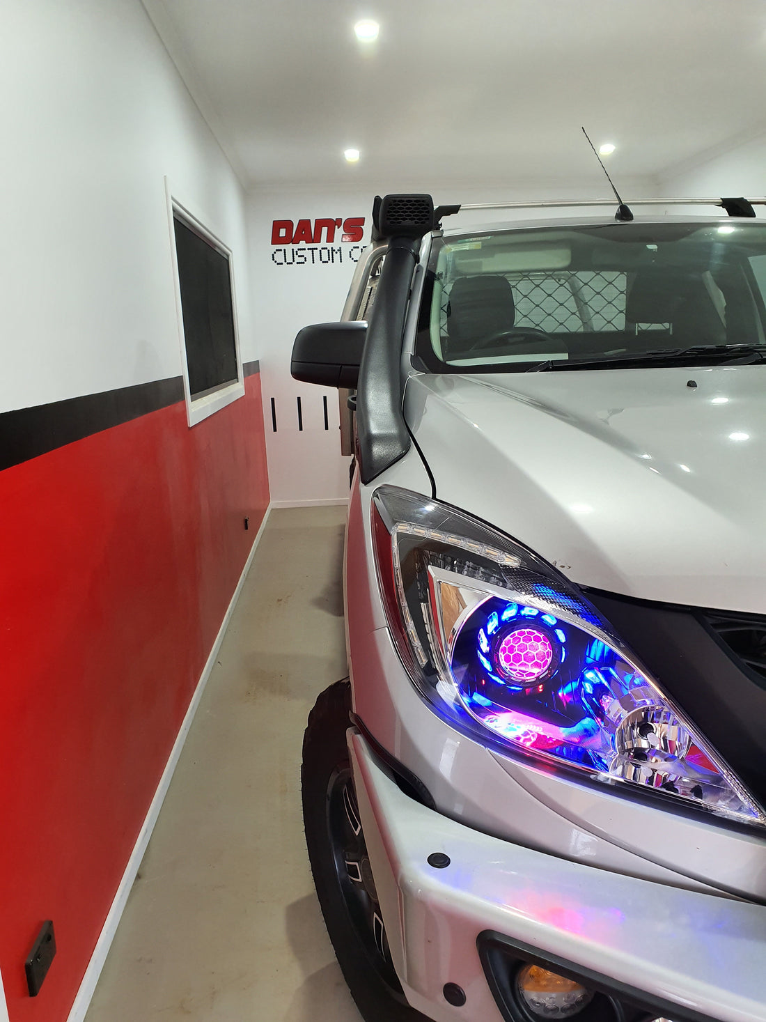 Mazda BT 50 UP 2011-2015 with Turbineshroud Multicolored Halo Rings, Demon Eyes & Honeycomb Lens Etching - Dan's Custom Car Lights