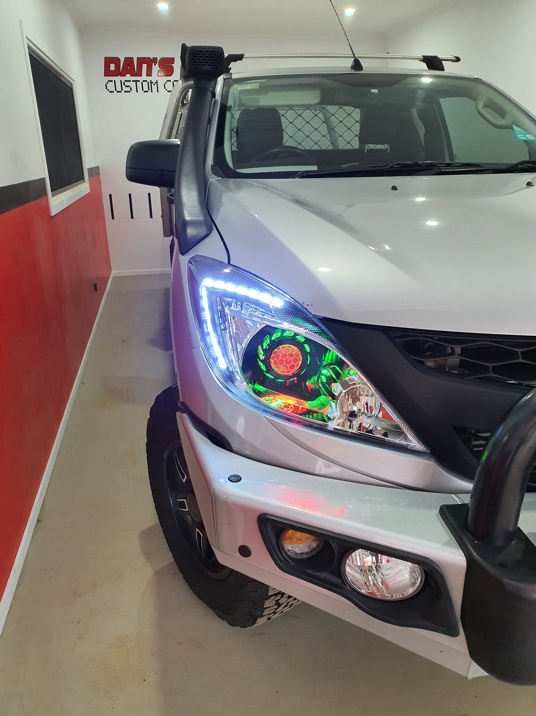 Mazda BT 50 UP 2011-2015 with Turbineshroud Multicolored Halo Rings, Demon Eyes & Honeycomb Lens Etching - Dan's Custom Car Lights