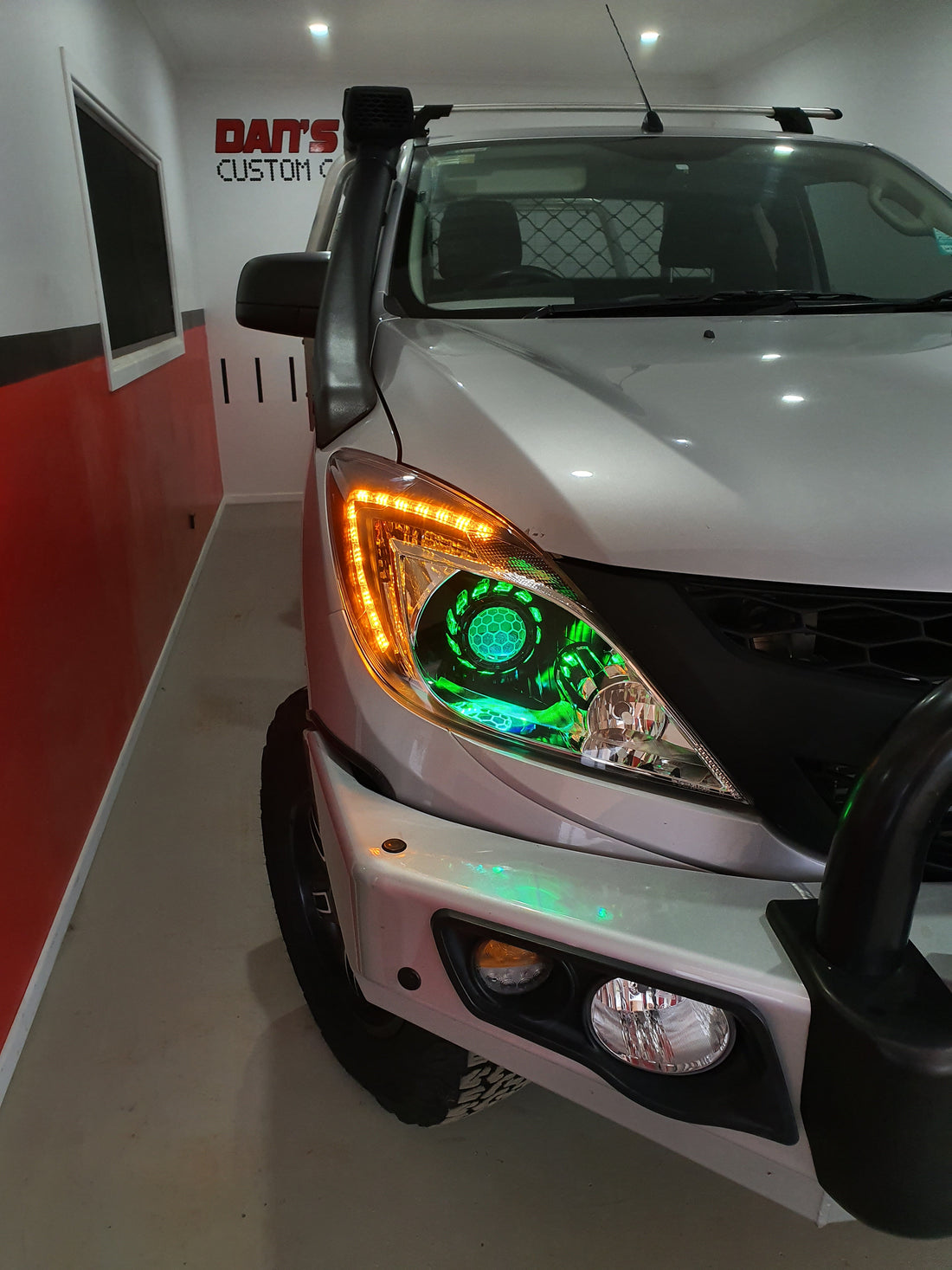 Mazda BT 50 UP 2011-2015 with Turbineshroud Multicolored Halo Rings, Demon Eyes & Honeycomb Lens Etching - Dan's Custom Car Lights