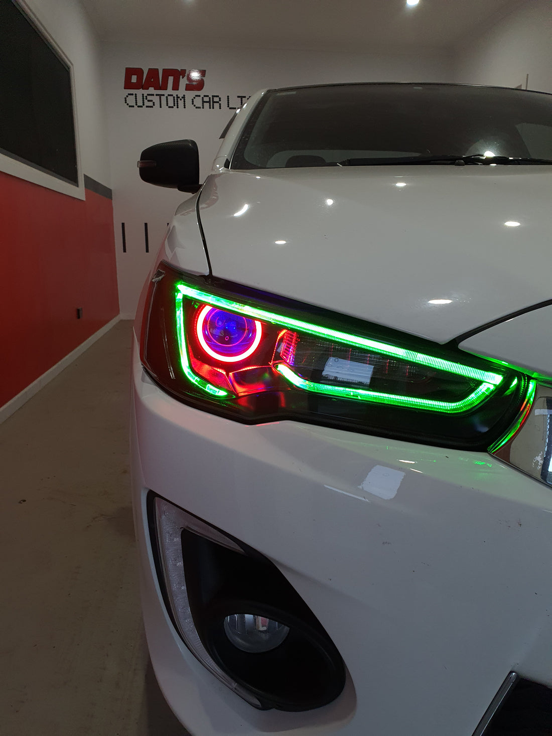 Mitsubishi Lancer LED DRL Headlights w/ Multicolored DRL, Halo Rings and Demon Eyes - Dan's Custom Car Lights