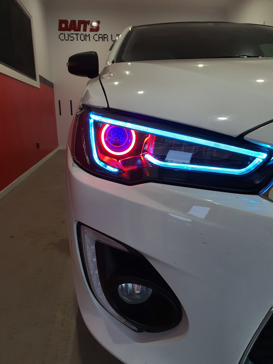 Mitsubishi Lancer LED DRL Headlights w/ Multicolored DRL, Halo Rings and Demon Eyes - Dan's Custom Car Lights