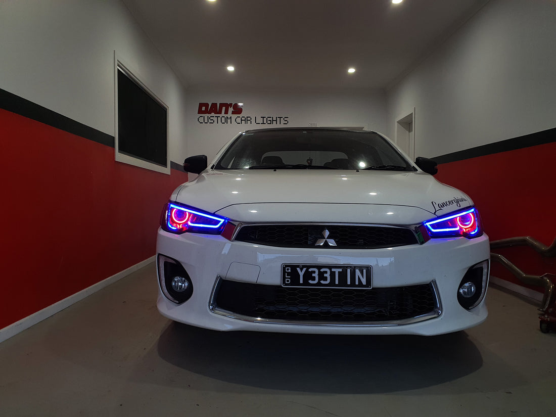 Mitsubishi Lancer LED DRL Headlights w/ Multicolored DRL, Halo Rings and Demon Eyes - Dan's Custom Car Lights