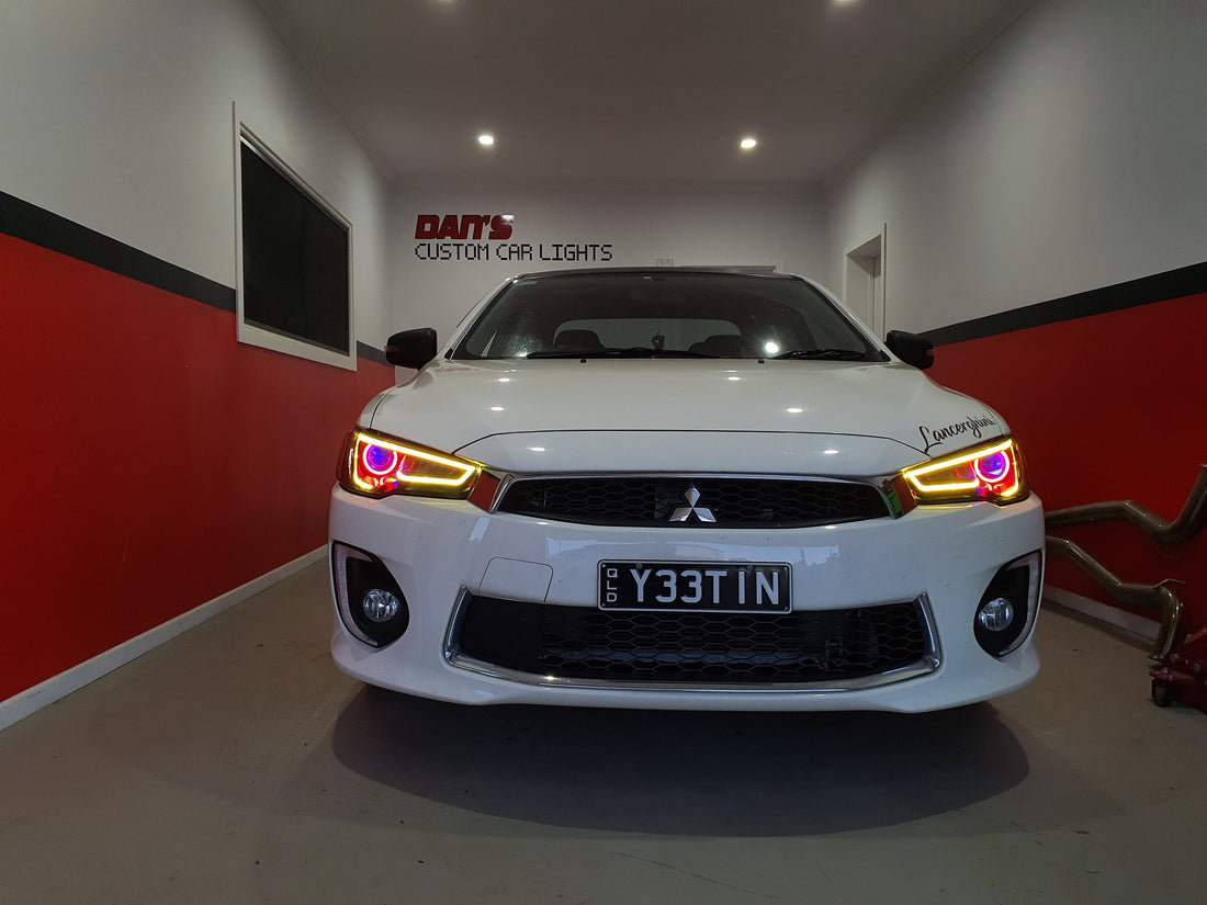 Mitsubishi Lancer LED DRL Headlights w/ Multicolored DRL, Halo Rings and Demon Eyes - Dan's Custom Car Lights