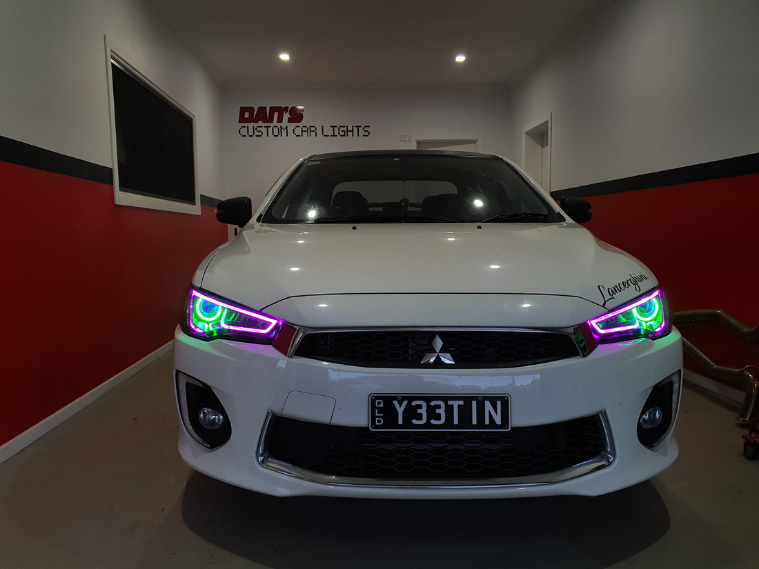Mitsubishi Lancer LED DRL Headlights w/ Multicolored DRL, Halo Rings and Demon Eyes - Dan's Custom Car Lights