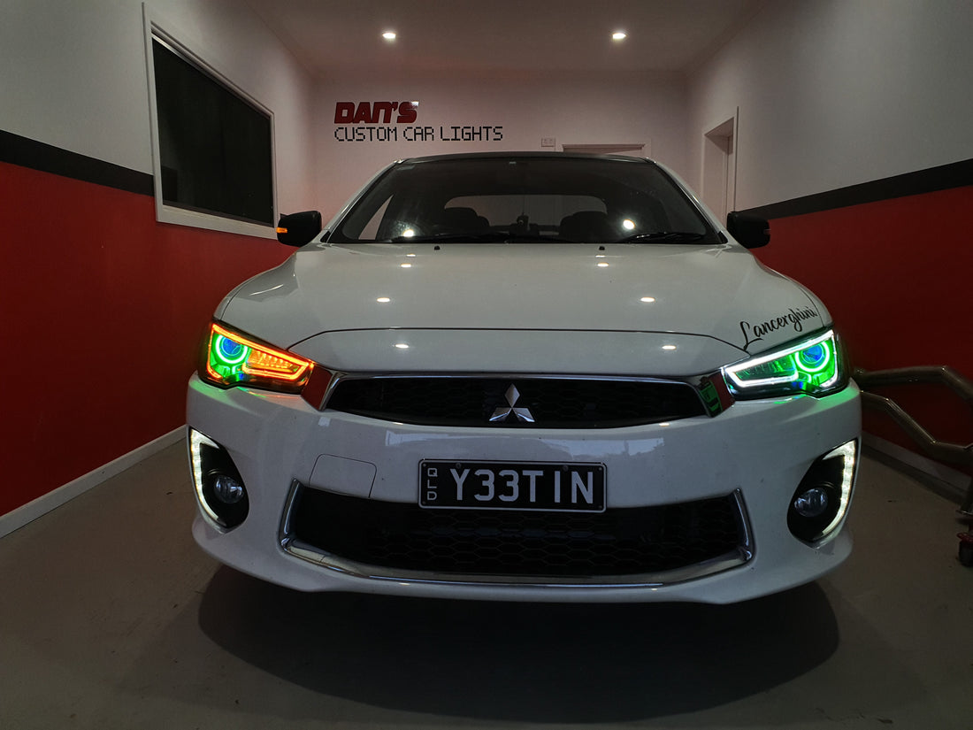 Mitsubishi Lancer LED DRL Headlights w/ Multicolored DRL, Halo Rings and Demon Eyes - Dan's Custom Car Lights