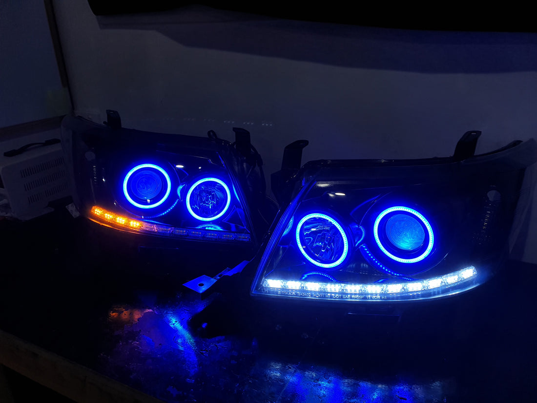 Toyota Hilux 2011-15 DRL Headlights with Multicoloured halorings and Demon eyes - Dan's Custom Car Lights