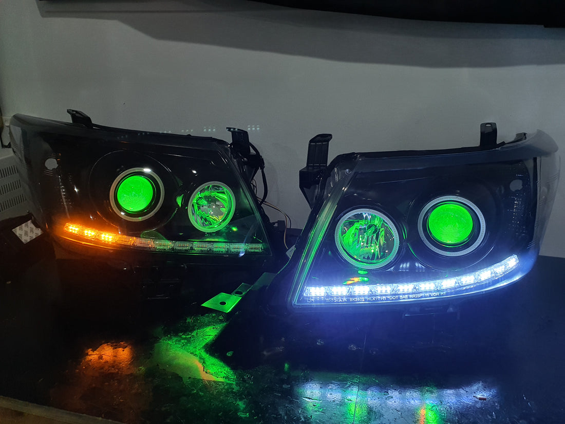 Toyota Hilux 2011-15 DRL Headlights with Multicoloured halorings and Demon eyes - Dan's Custom Car Lights