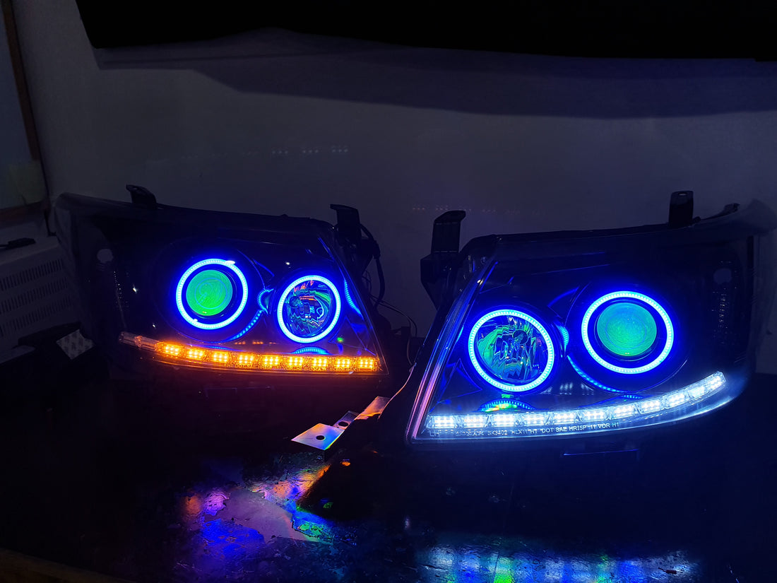 Toyota Hilux 2011-15 DRL Headlights with Multicoloured halorings and Demon eyes - Dan's Custom Car Lights