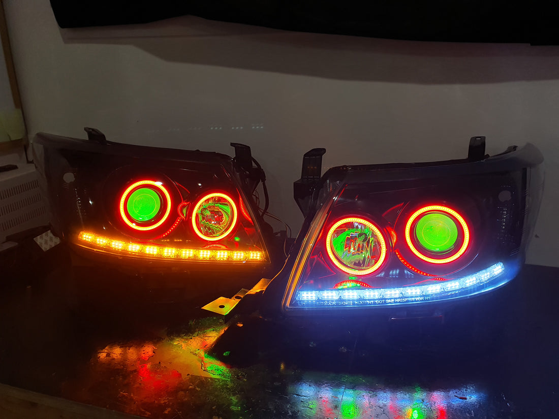 Toyota Hilux 2011-15 DRL Headlights with Multicoloured halorings and Demon eyes - Dan's Custom Car Lights