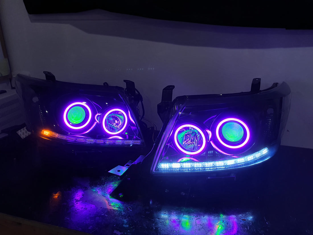 Toyota Hilux 2011-15 DRL Headlights with Multicoloured halorings and Demon eyes - Dan's Custom Car Lights