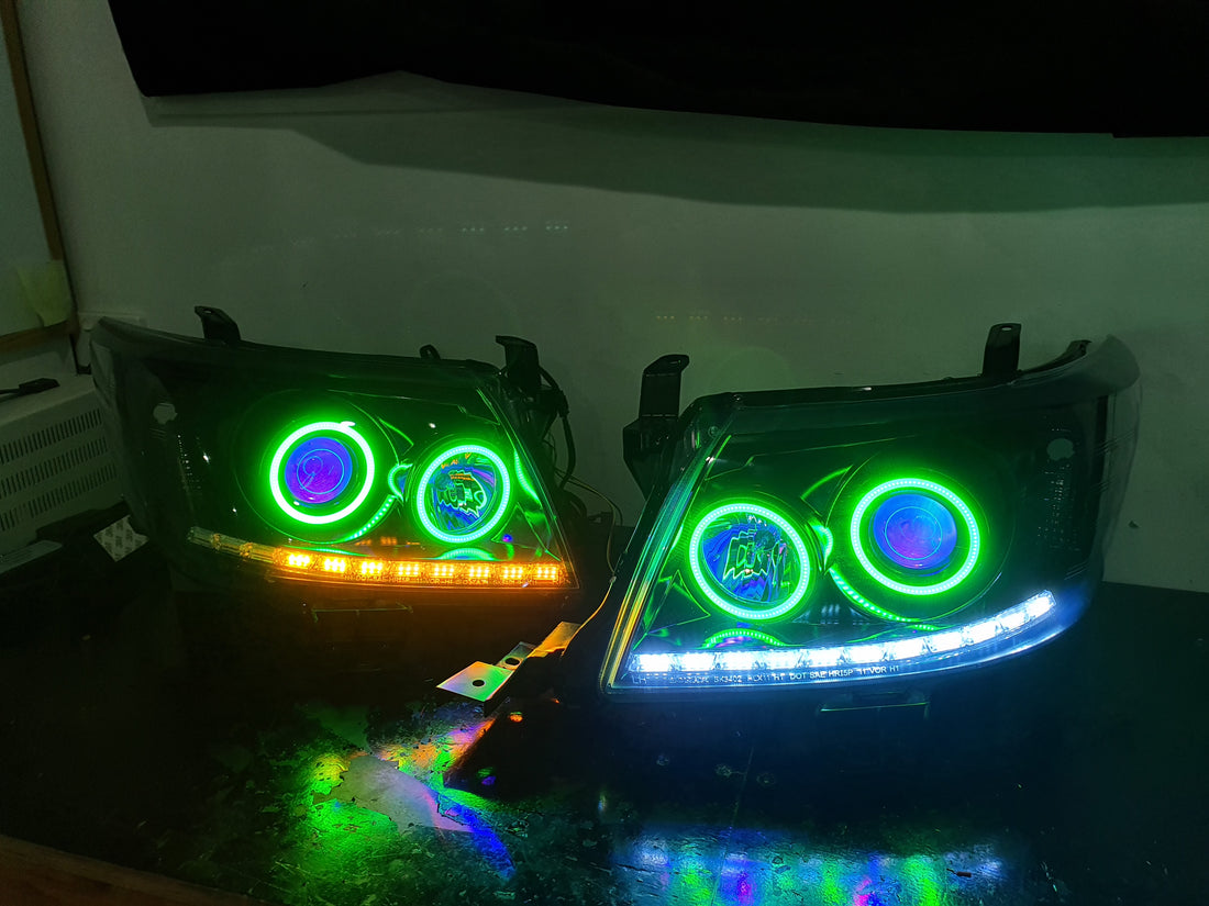 Toyota Hilux 2011-15 DRL Headlights with Multicoloured halorings and Demon eyes - Dan's Custom Car Lights