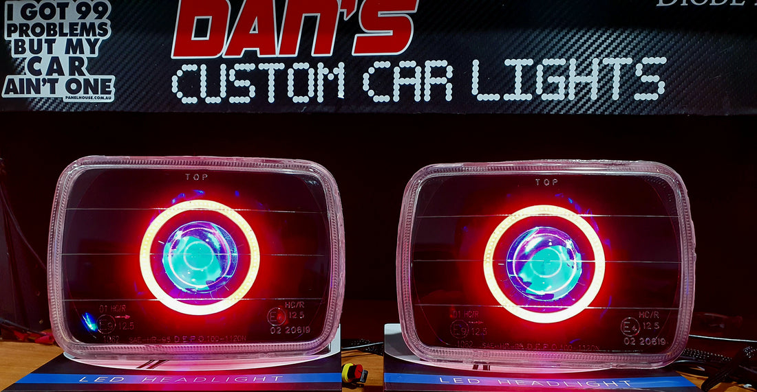 Universal 5x7" Rectangle Headlights Fitted with Bi Projectors, Multiciolored Halo Rings, Multicolored Demon Eyes & Full blacking out - Dan's Custom Car Lights