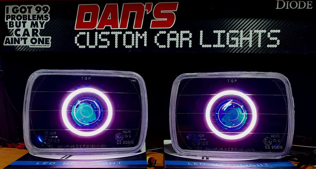 Universal 5x7" Rectangle Headlights Fitted with Bi Projectors, Multiciolored Halo Rings, Multicolored Demon Eyes & Full blacking out - Dan's Custom Car Lights