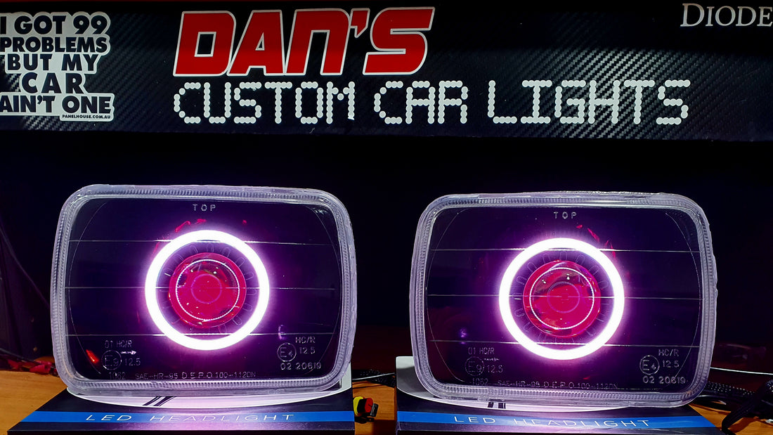 Universal 5x7" Rectangle Headlights Fitted with Bi Projectors, Multiciolored Halo Rings, Multicolored Demon Eyes & Full blacking out - Dan's Custom Car Lights