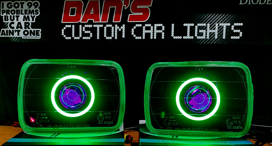 Universal 5x7" Rectangle Headlights Fitted with Bi Projectors, Multiciolored Halo Rings, Multicolored Demon Eyes & Full blacking out - Dan's Custom Car Lights
