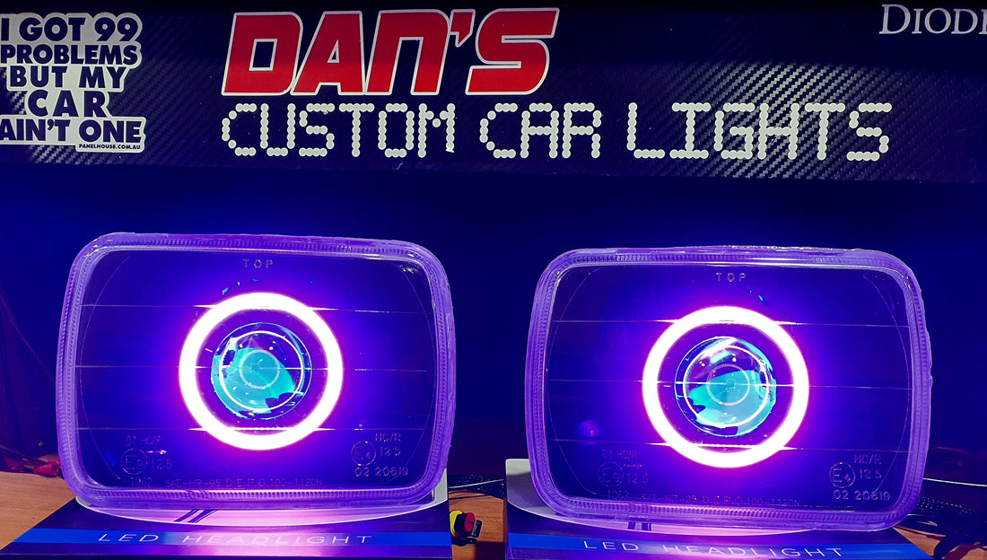 Universal 5x7" Rectangle Headlights Fitted with Bi Projectors, Multiciolored Halo Rings, Multicolored Demon Eyes & Full blacking out - Dan's Custom Car Lights