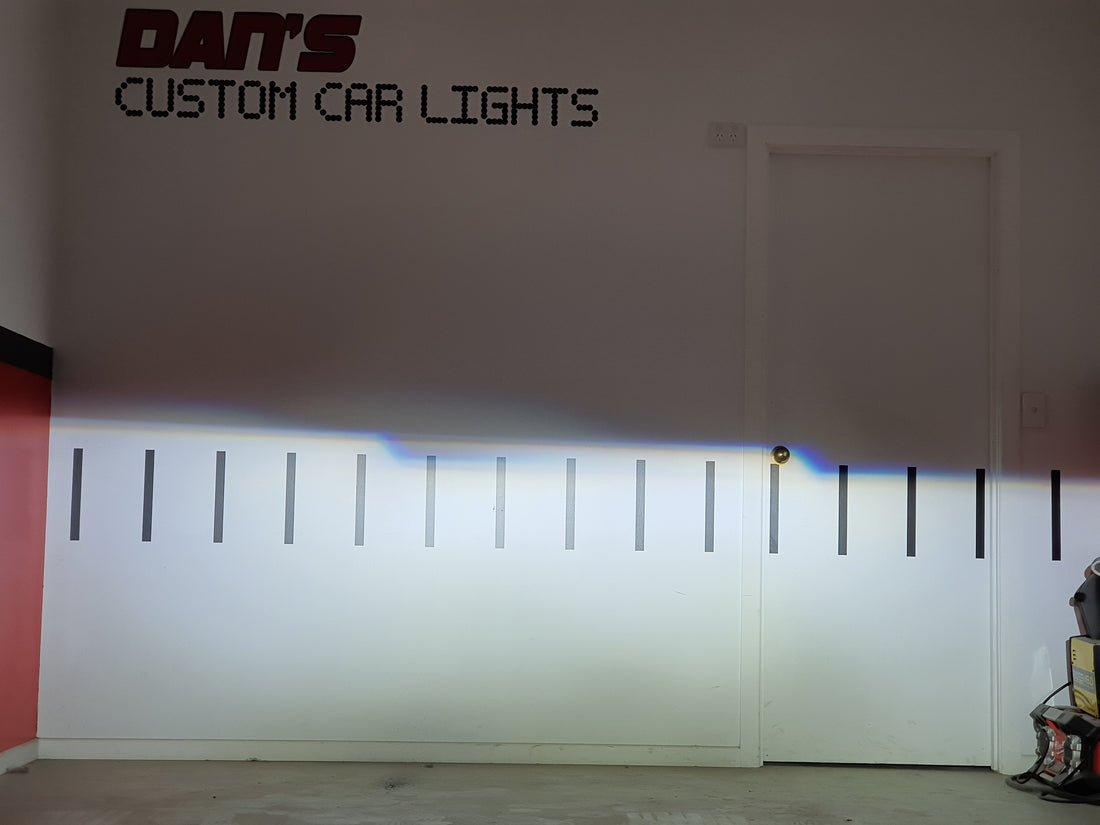 Universal 5x7" Rectangle Headlights Fitted with Bi Projectors, Multiciolored Halo Rings, Multicolored Demon Eyes & Full blacking out - Dan's Custom Car Lights