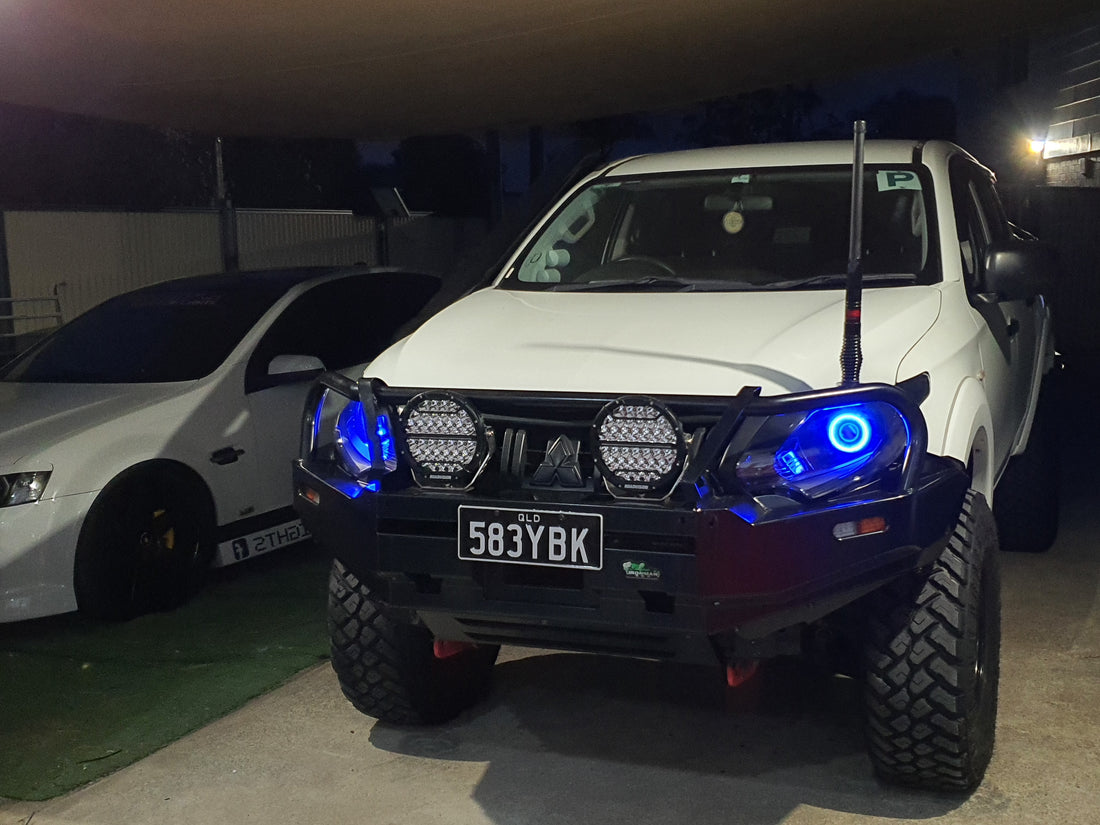 Mitsubishi Triton MQ 2015-2018 Headlights fitted with Bi Projectors,  Multicolored LED Halo rings, Blacked out - Dan's Custom Car Lights