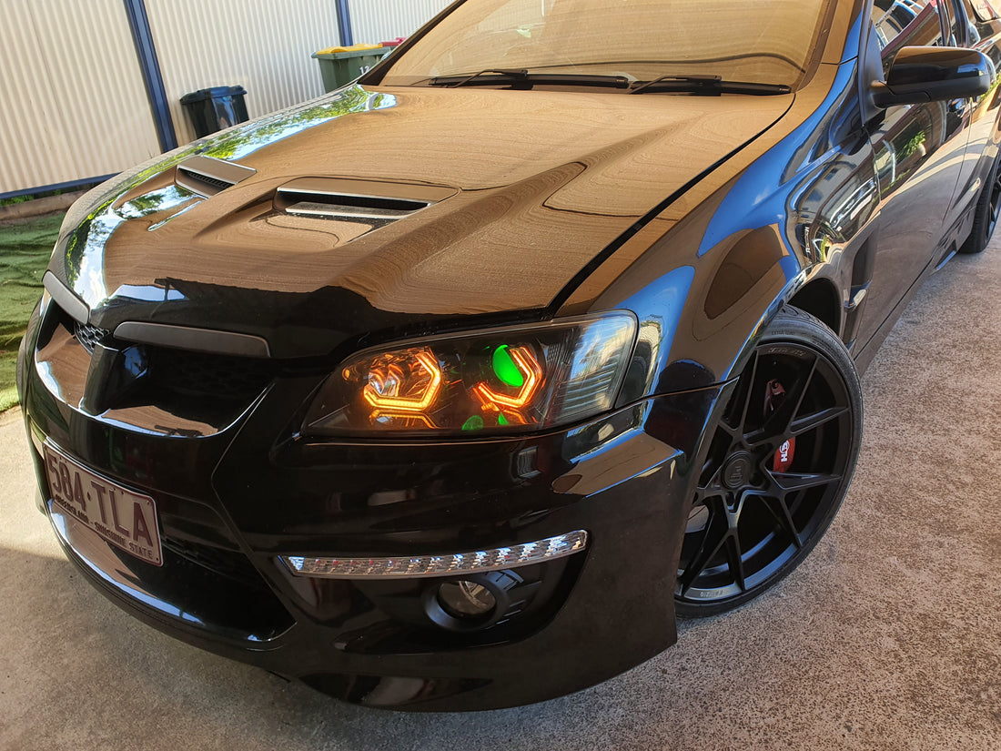 Holden VE Commodore S1 SSV Headlights with Quad RGB Hex Halos & RGBW Demon Eyes - Dan's Custom Car Lights