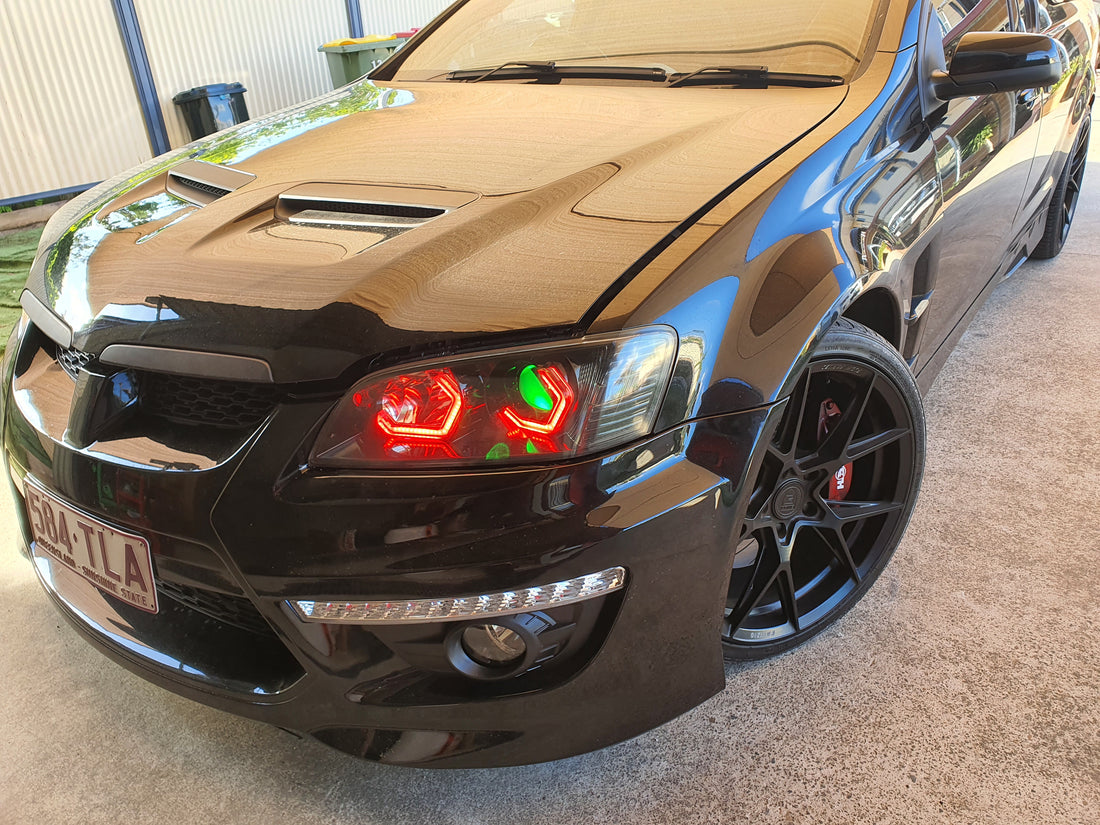 Holden VE Commodore S1 SSV Headlights with Quad RGB Hex Halos & RGBW Demon Eyes - Dan's Custom Car Lights