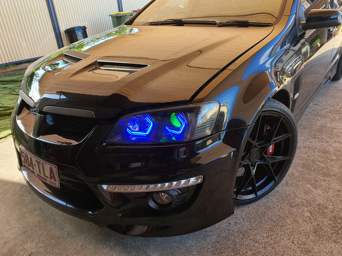 Holden VE Commodore S1 SSV Headlights with Quad RGB Hex Halos & RGBW Demon Eyes - Dan's Custom Car Lights