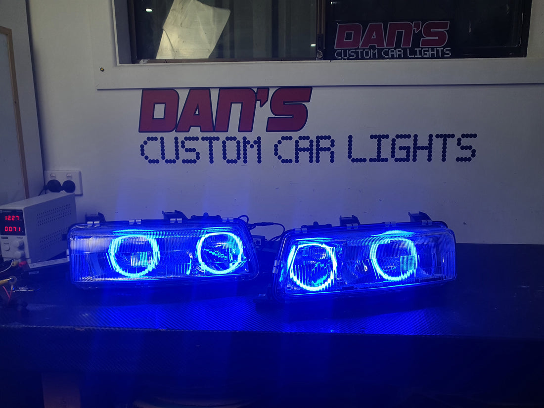 Holden VN /VP Commodore Headlights with Multicoloured Halo Rings - Dan's Custom Car Lights