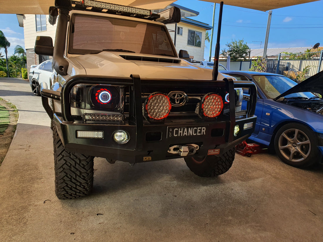 Toyota Landcruiser VDJ Headlights Dual Halo Rings BiLED Projectors, Turbine Shroud & Etched Projector Lens - Dan's Custom Car Lights