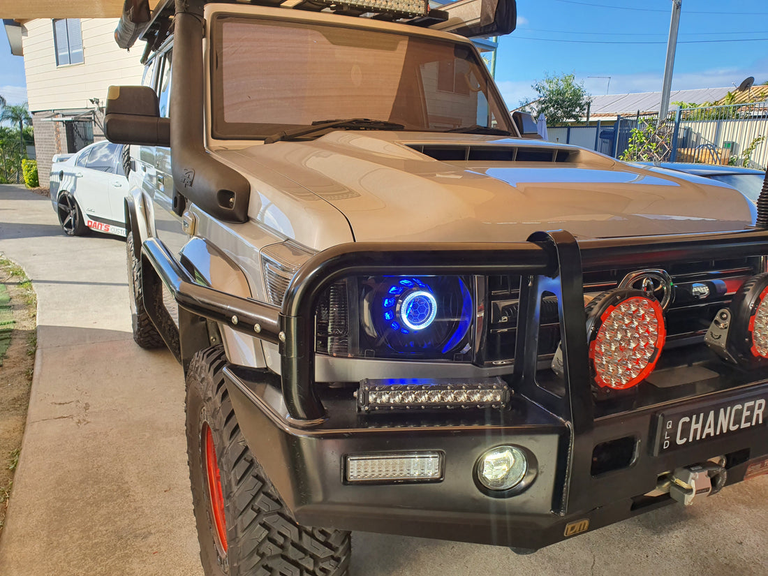 Toyota Landcruiser VDJ Headlights Dual Halo Rings BiLED Projectors, Turbine Shroud & Etched Projector Lens - Dan's Custom Car Lights