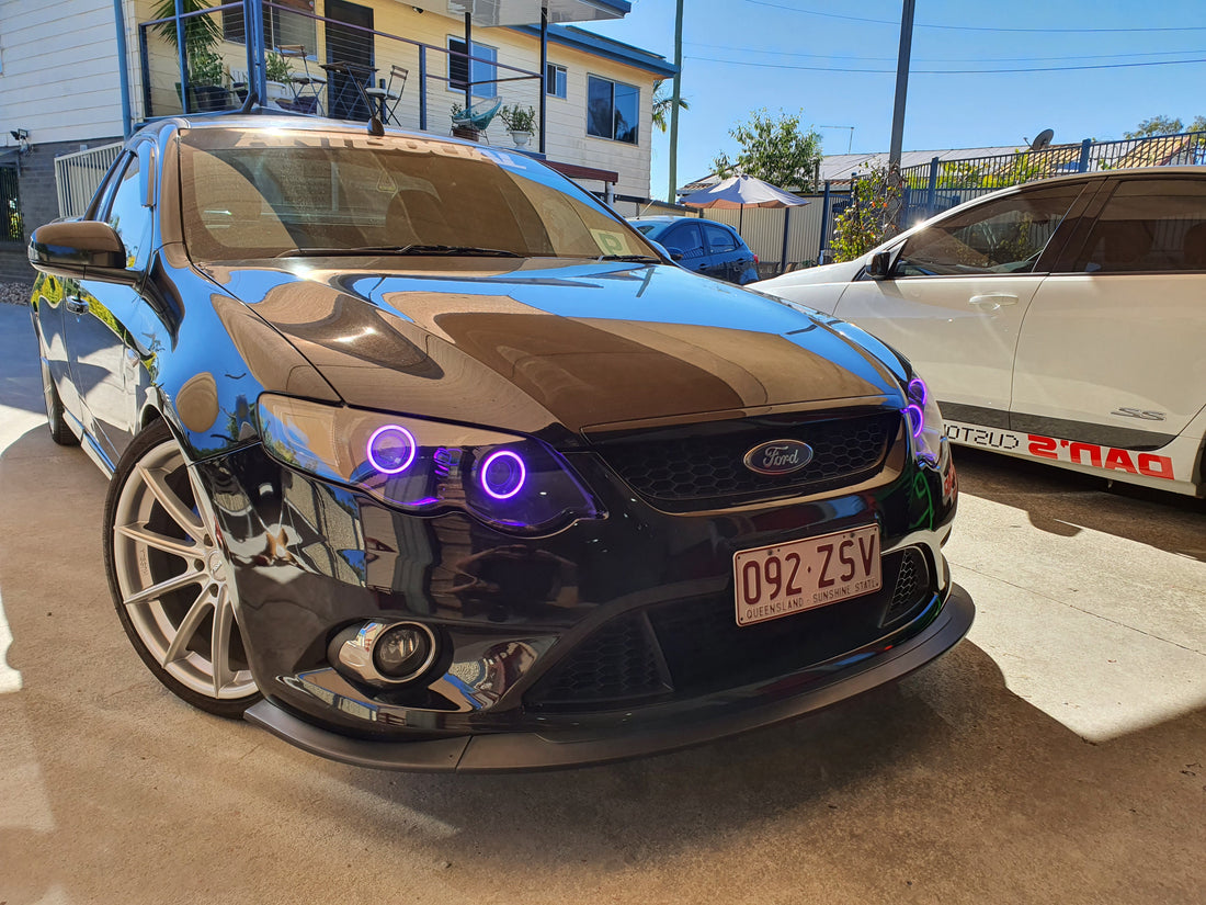 Ford FG Falcon XR6 XR8 MK1/MK2 Headlights with Quad Projectors and Quad RGB Multicolored Halo Rings - Dan's Custom Car Lights