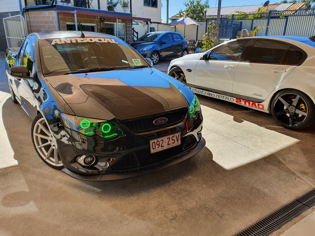 Ford FG Falcon XR6 XR8 MK1/MK2 Headlights with Quad Projectors and Quad RGB Multicolored Halo Rings - Dan's Custom Car Lights