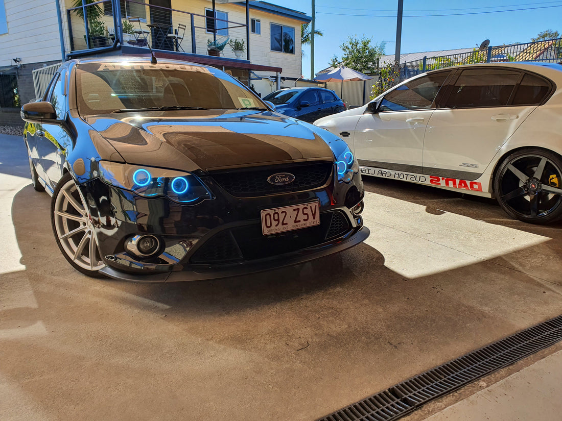 Ford FG Falcon XR6 XR8 MK1/MK2 Headlights with Quad Projectors and Quad RGB Multicolored Halo Rings - Dan's Custom Car Lights