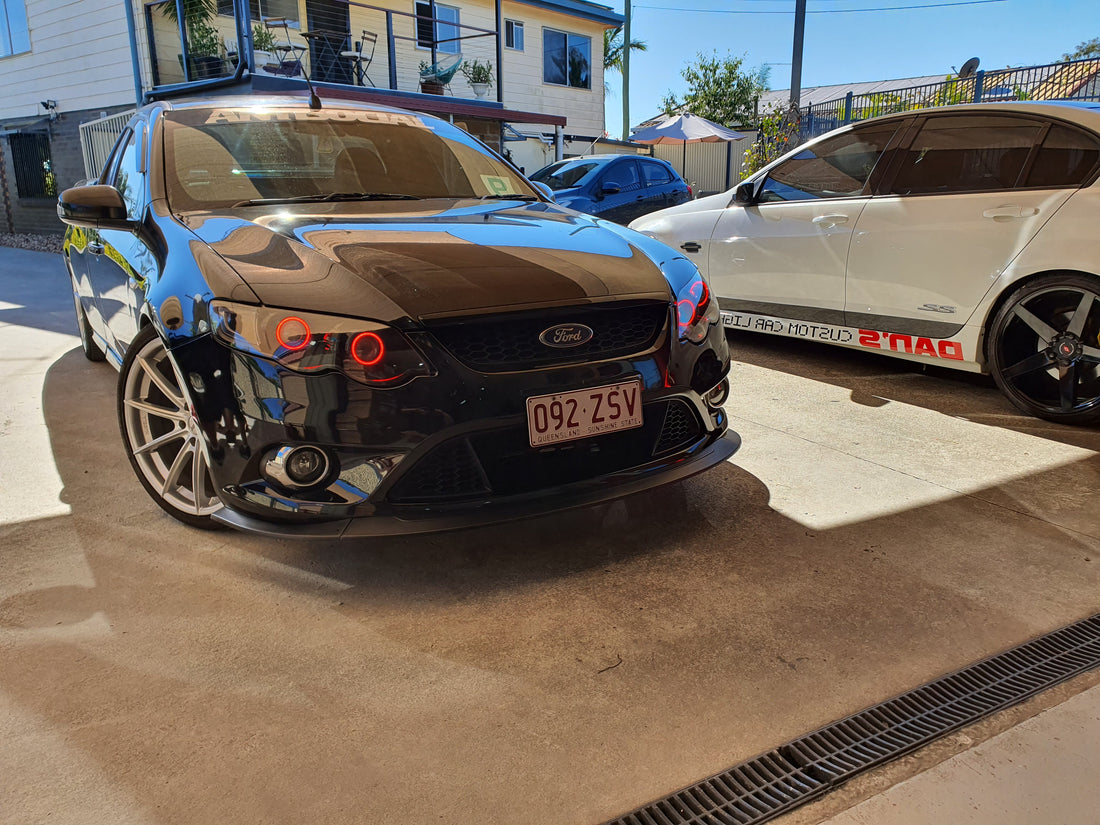 Ford FG Falcon XR6 XR8 MK1/MK2 Headlights with Quad Projectors and Quad RGB Multicolored Halo Rings - Dan's Custom Car Lights