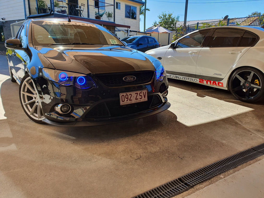 Ford FG Falcon XR6 XR8 MK1/MK2 Headlights with Quad Projectors and Quad RGB Multicolored Halo Rings - Dan's Custom Car Lights