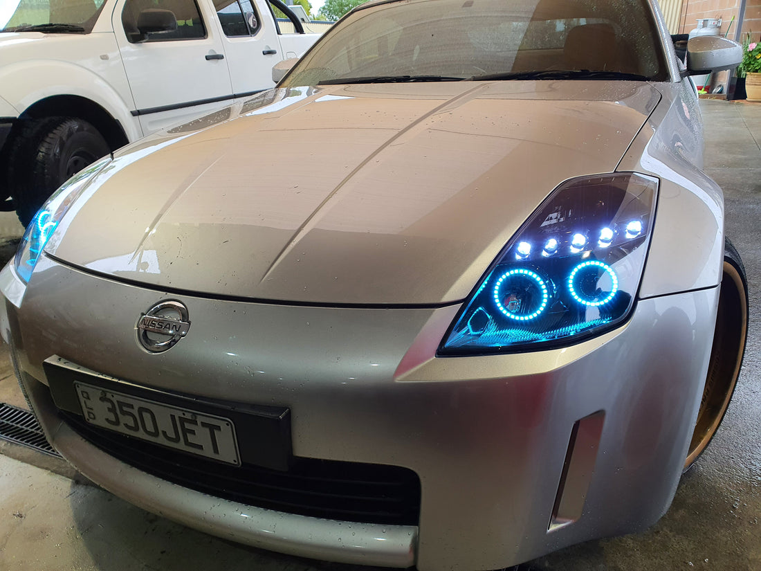 NISSAN Z33 350Z 03-05 SERIES 1 Headlights with Multicoloured Halo Rings - Dan's Custom Car Lights
