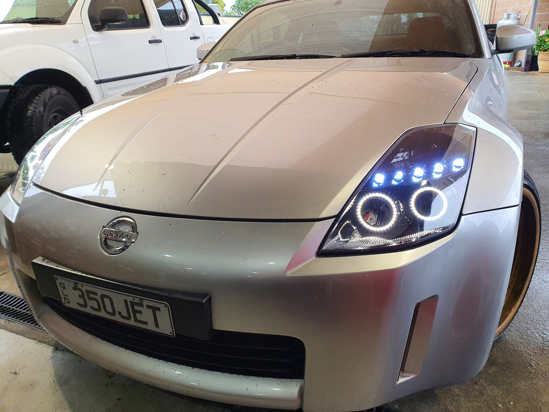 NISSAN Z33 350Z 03-05 SERIES 1 Headlights with Multicoloured Halo Rings - Dan's Custom Car Lights
