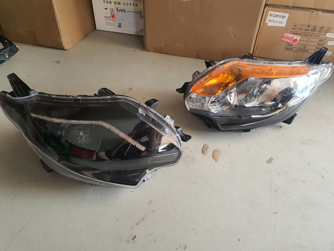 Mitsubishi Triton MQ 2015-2018 Headlights fitted with Turbine Bi Projectors, Switchback LED DRL, White/Amber Halo Rings, Multicolored Demon Eyes, Honeycomb Etching, & Blacking out - Dan's Custom Car Lights